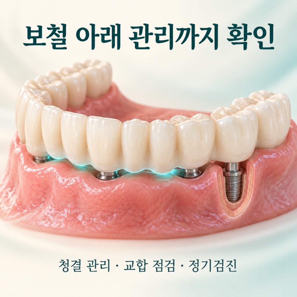 고정성 전체임플란트 보철 아래의 청결 관리 부위를 보여주는 단일 모형